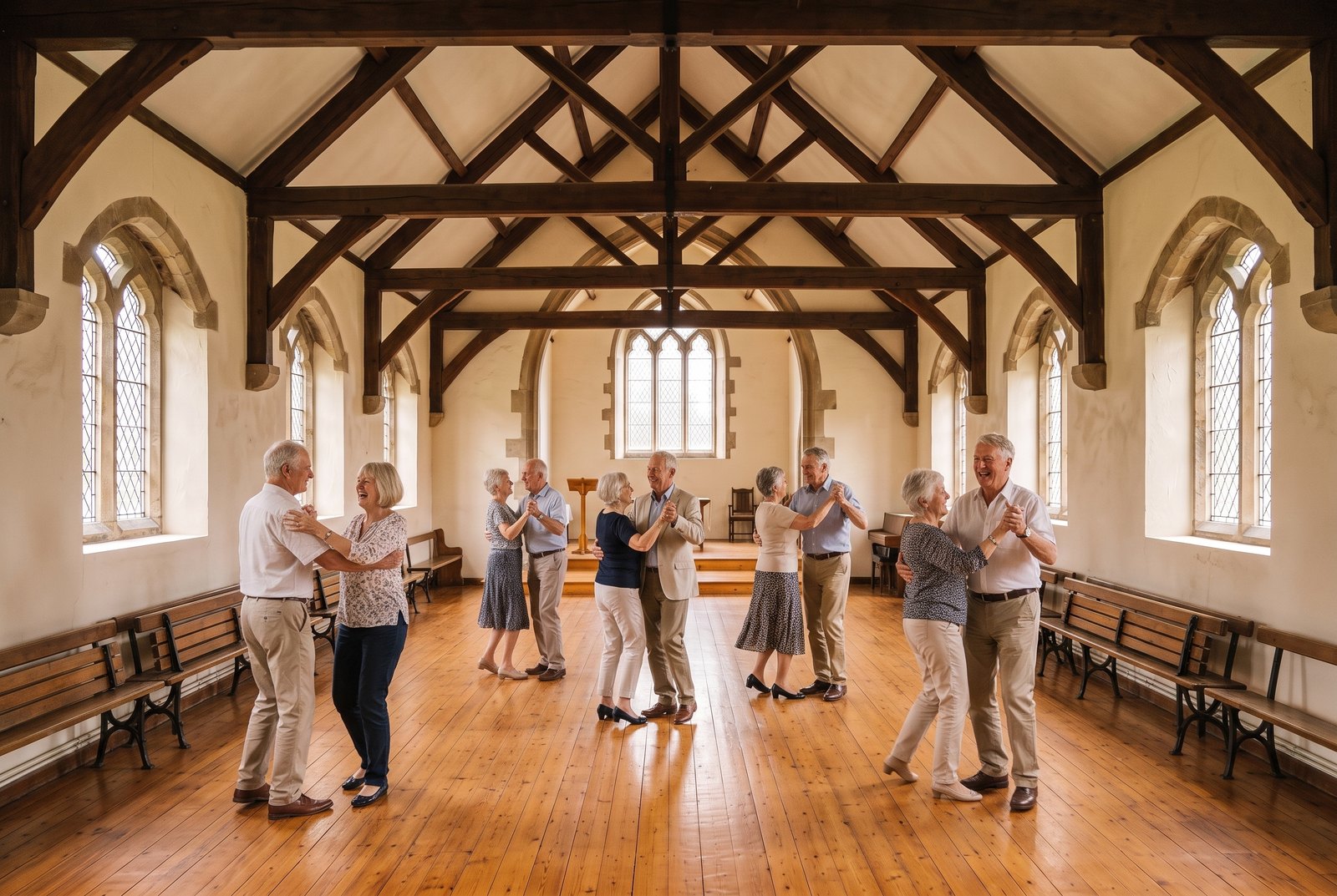 The same church hall with the benches cleared away and older couples dancing