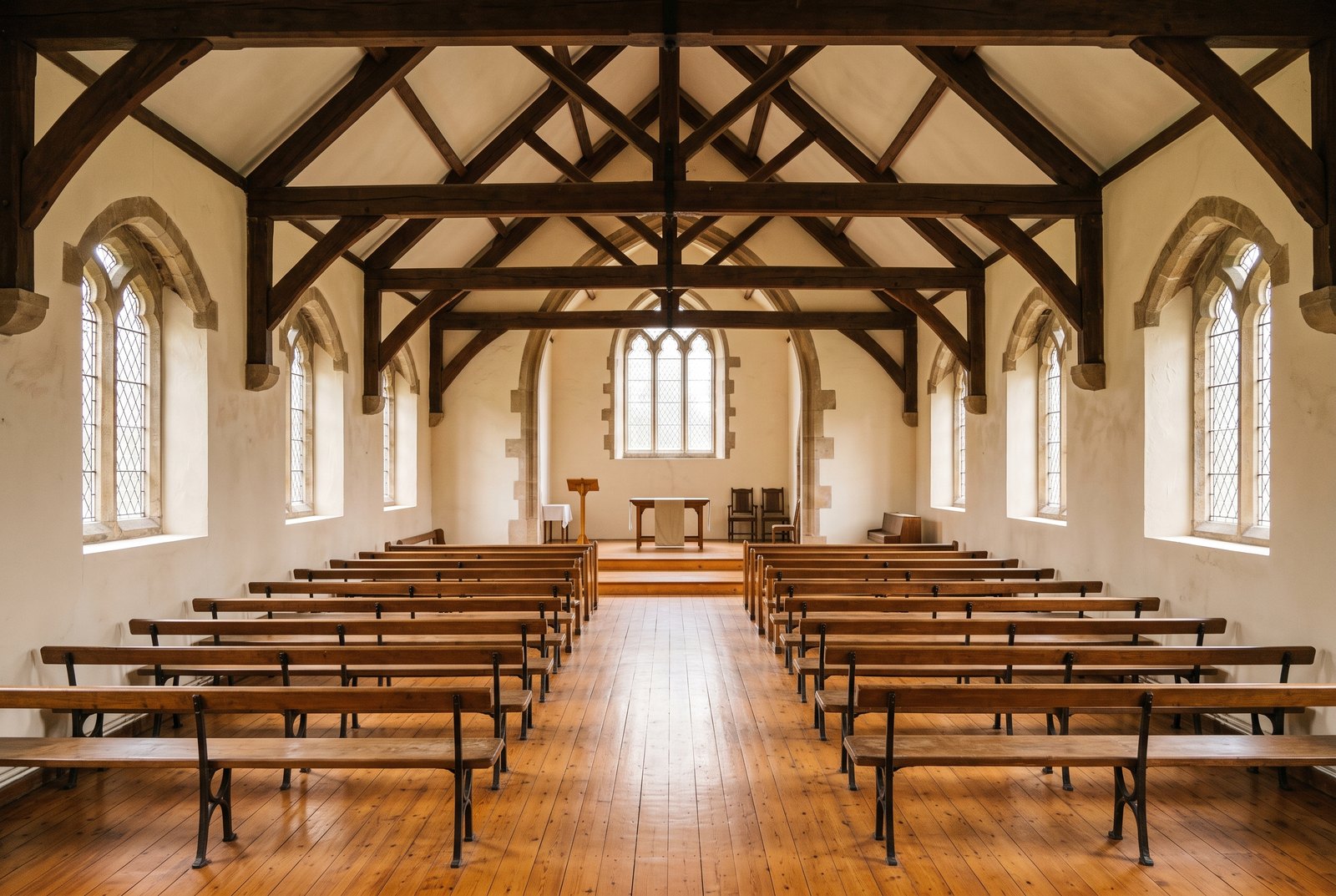 A church hall filled with rows of wooden benches, empty and unused