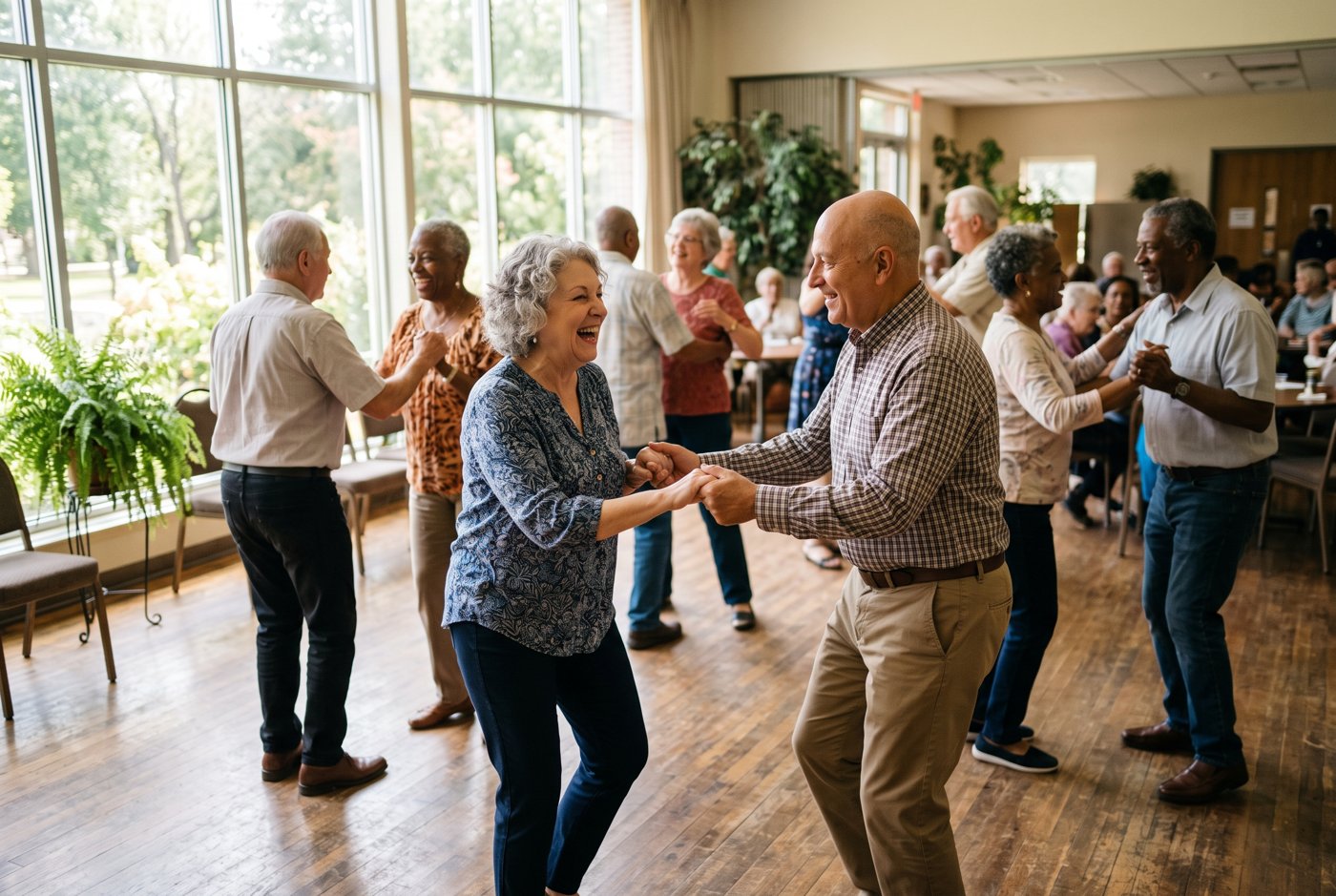 Seniors dancing at a community center